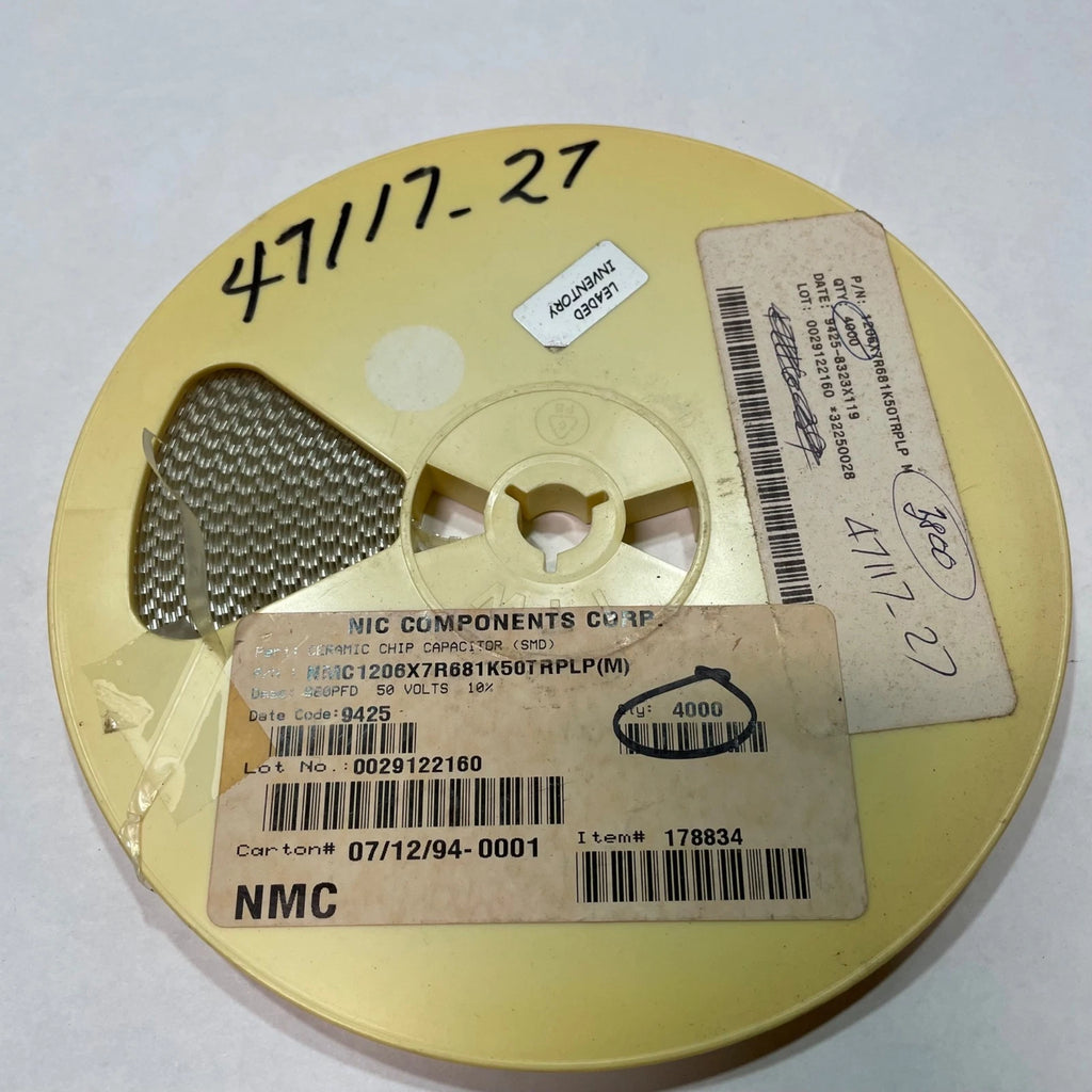 Reel of 3000 NIC COMPONENTS NMC1206X7R681K50TRPLPM 680PFD 50V 10% 47117-27