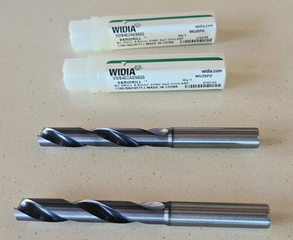 2 New Widia VariDrill 9.6 mm Solid Carbide Drill Bit Coolant Thru VDS402A09600