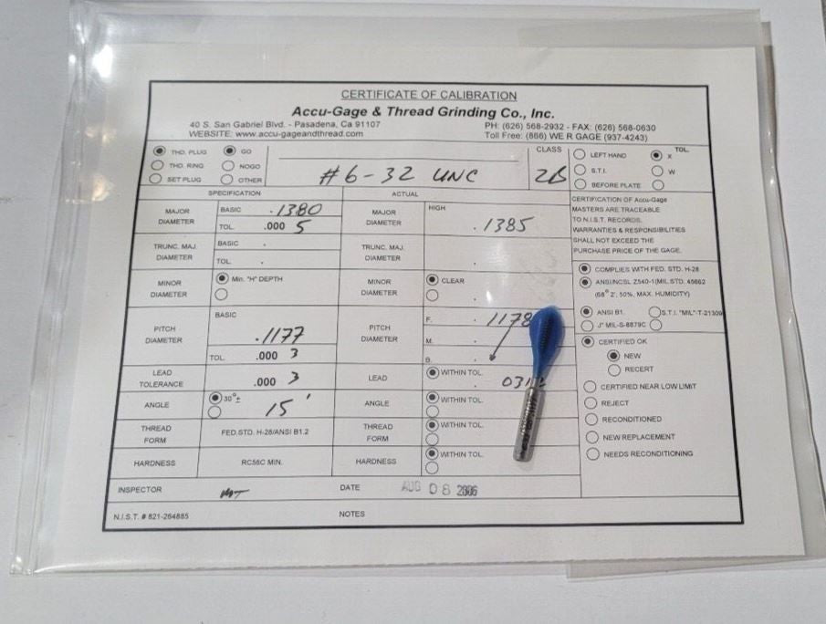 6-32 UNC 2B Thread Plug Gage GO P.D. .1177 Certification
