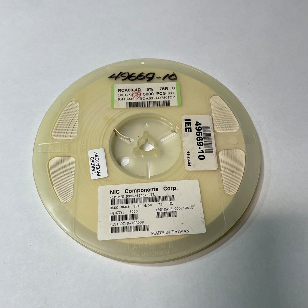 Reel of 4900 NIC COMPONENTS NRSNA6I4J750TR 0603 8P4R 5% 75 Ohm 49669-10