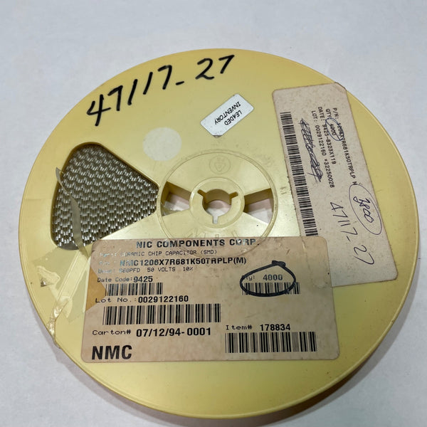 Reel of 3000 NIC COMPONENTS NMC1206X7R681K50TRPLPM 680PFD 50V 10% 47117-27