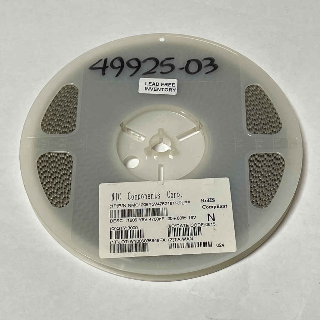 Reel of 3000 NIC Components NMC1206Y5V475Z16TRPLPF 4700nF -20 +80% 16V 49925-03