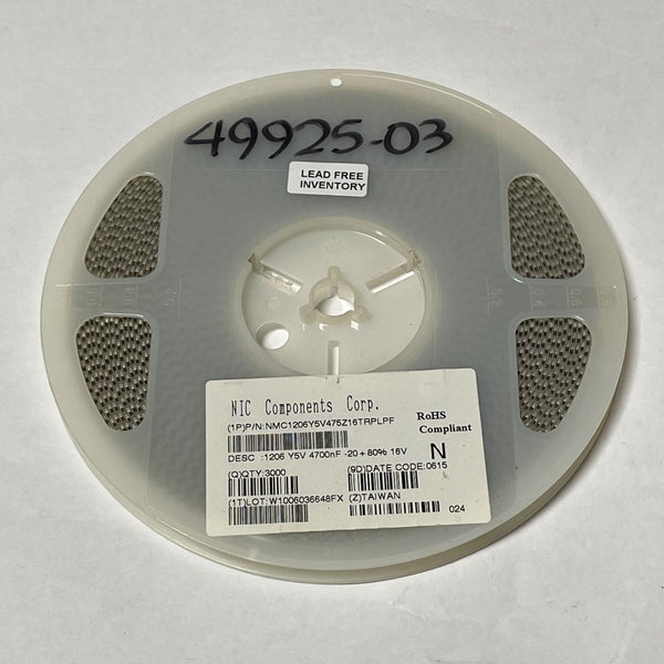 Reel of 3000 NIC Components NMC1206Y5V475Z16TRPLPF 4700nF -20 +80% 16V 49925-03