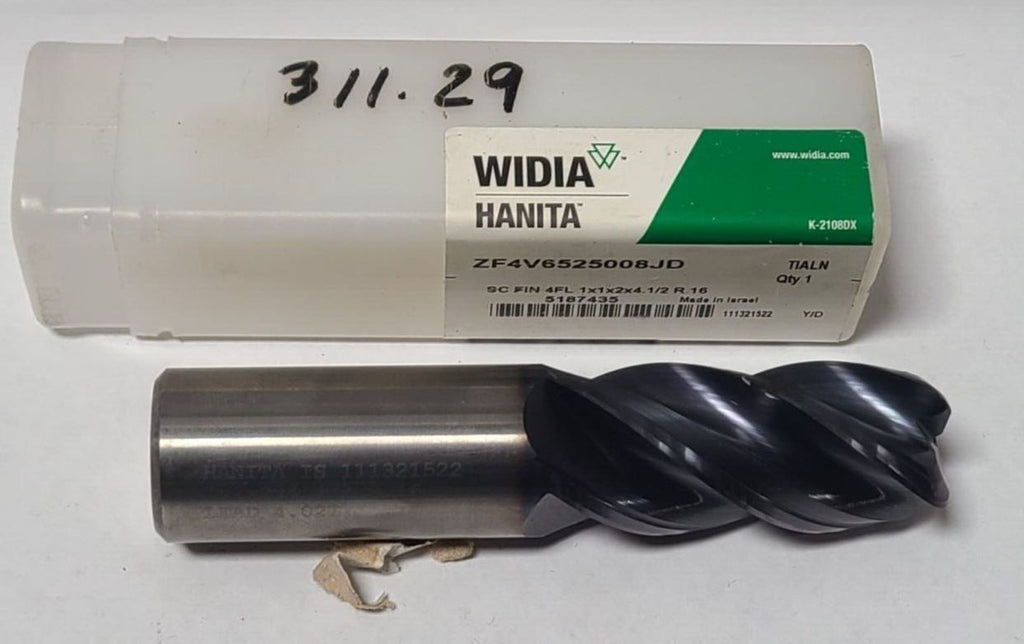 1 inch Dia Hanita Carbide End Mill 4 Flutes 1 x 1 x 2 x 4-1/2 Sharpen R.16 IS