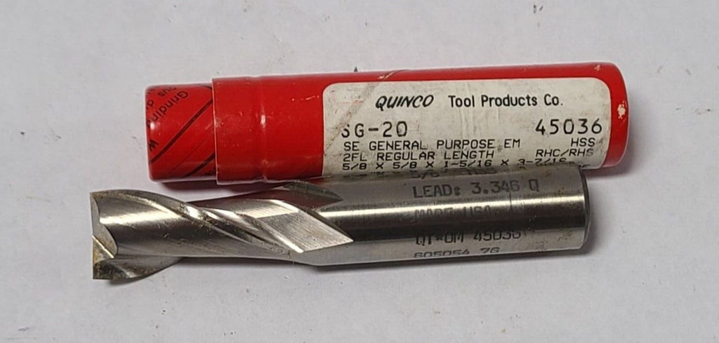 5/8" QUINCO 2 Flutes HSS End Mill SG-20 New 5/8 Diameter Made in USA
