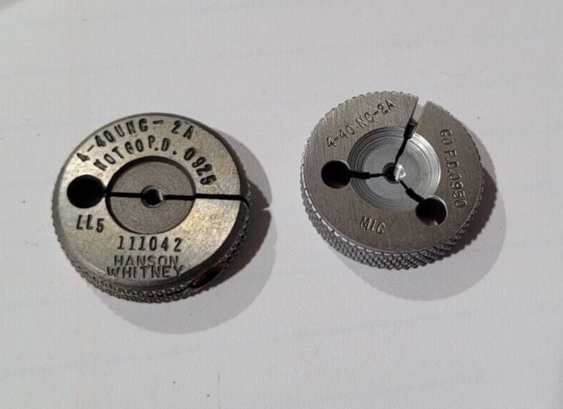 Set 4-40 UNC/ NC-2A GO and NO GO Set Thread Ring Gage P.D. .0950 and .0925 Gages