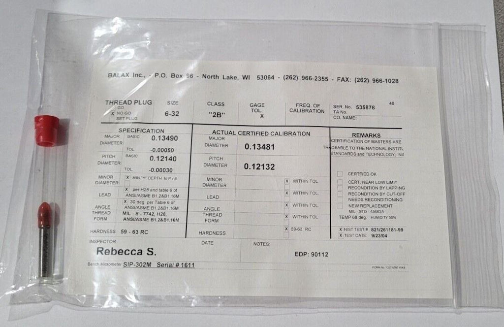 6-32 UNC 2B BALAX NO GO Thread Plug Gage NOGO P.D. .1214 Certification