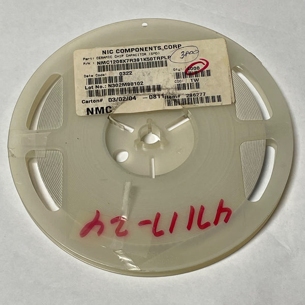 Reel of 3700 NIC COMPONENTS NMC1206X7R391K50TRPLP Ceramic Capacitor 47117-24