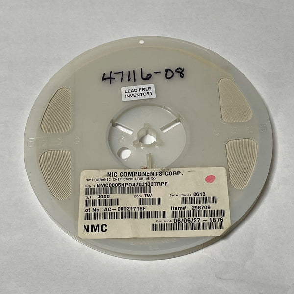Reel of 4000 NIC COMPONENTS NMC0805NP0470J100TRPF Capacitor 47pF 5% 47116-08