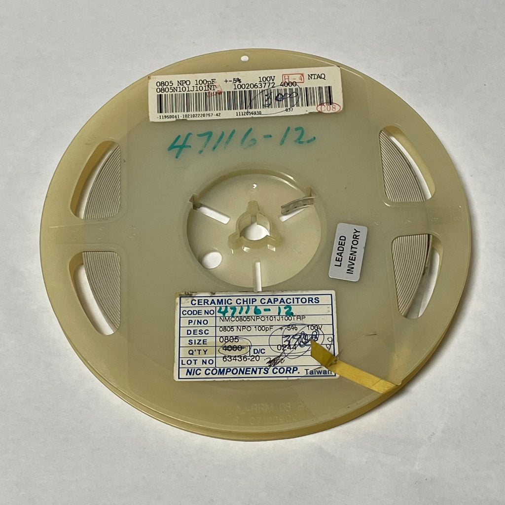 Reel of 3000 NIC COMPONENTS NMC0805NPO101J100TRP 100pF +/- 5% 100V 47116-12