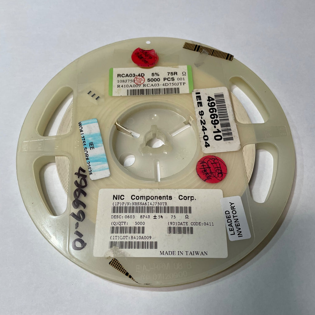 Reel of 3000 NIC COMPONENTS NRSNA6I4J750TR 0603 8P4R 5% 75 Ohm Resistor 49669-10