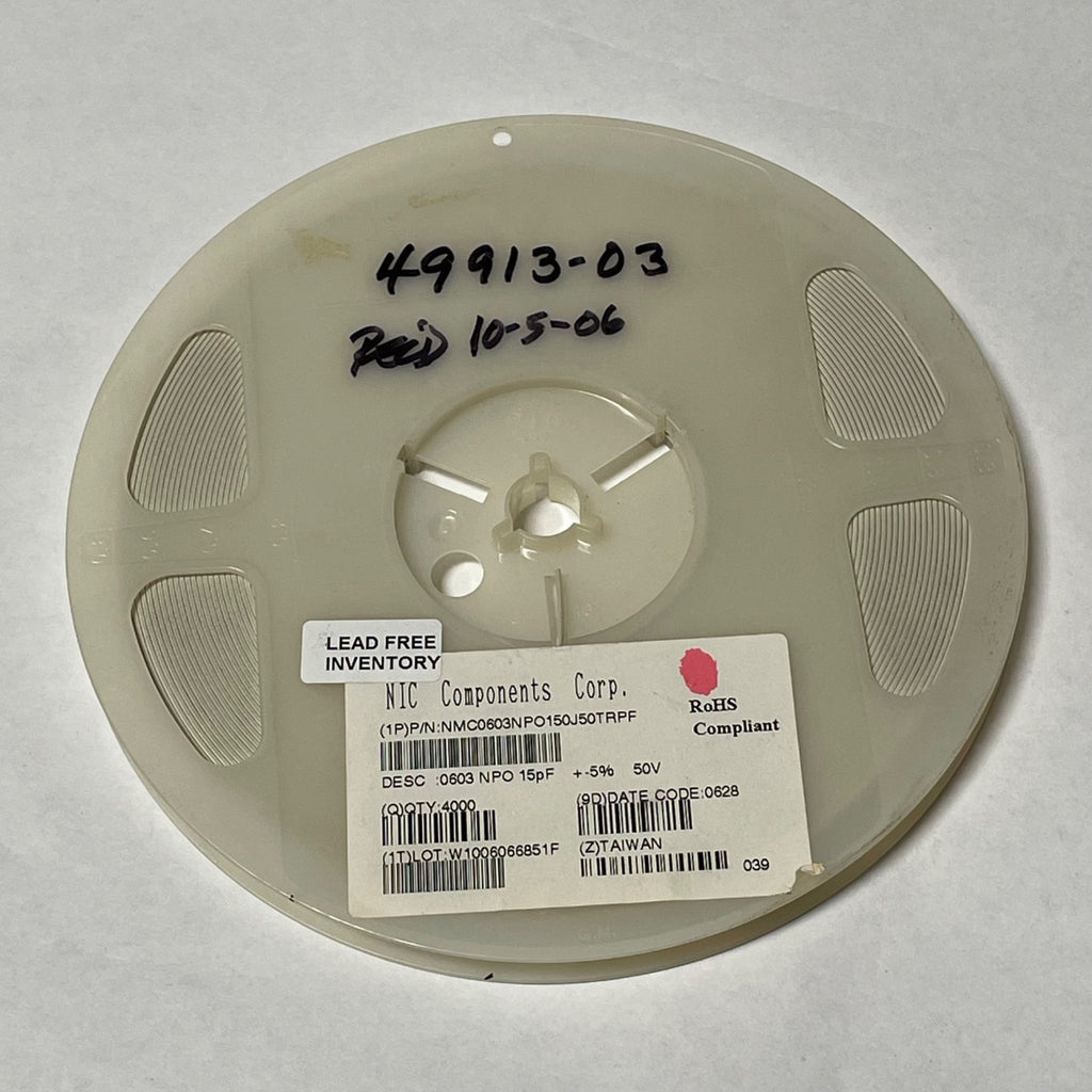 Reel of 4000 NIC COMPONENTS NMC0603NPO150J50TRPF 0603 15pF 5% 50V 49913-03