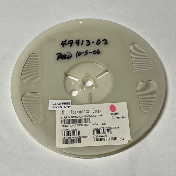 Reel of 4000 NIC COMPONENTS NMC0603NPO150J50TRPF 0603 15pF 5% 50V 49913-03