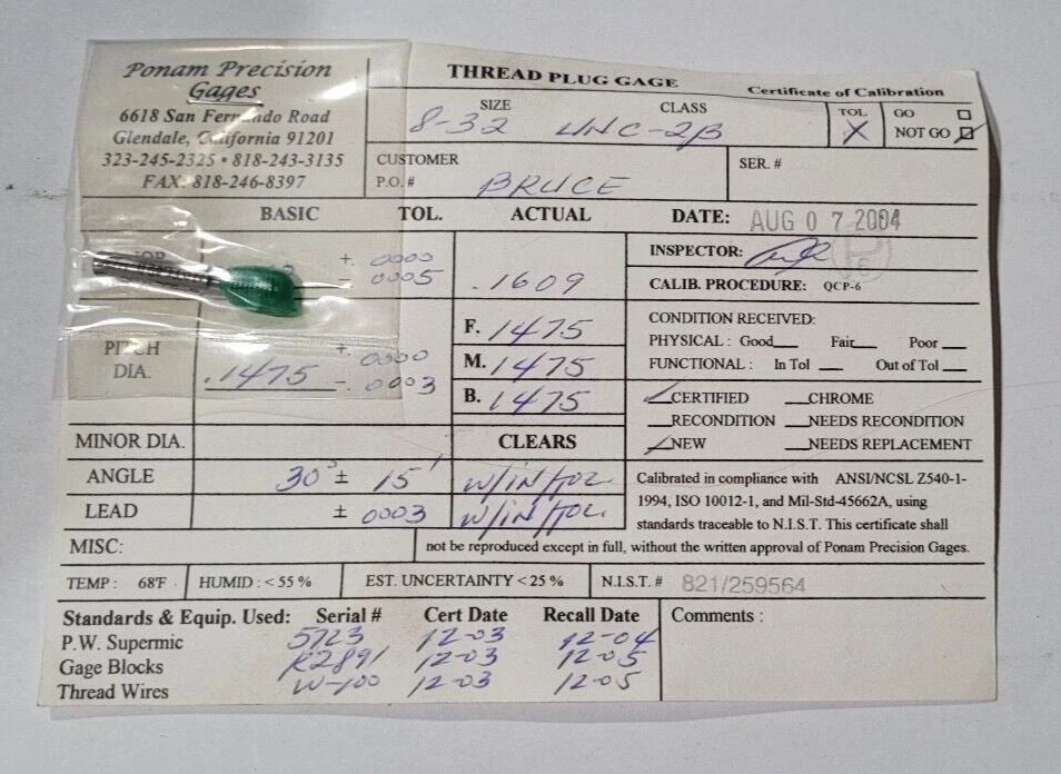 8-32 UNC-2B Thread Plug Gage NO GO P.D. .1475 Certification