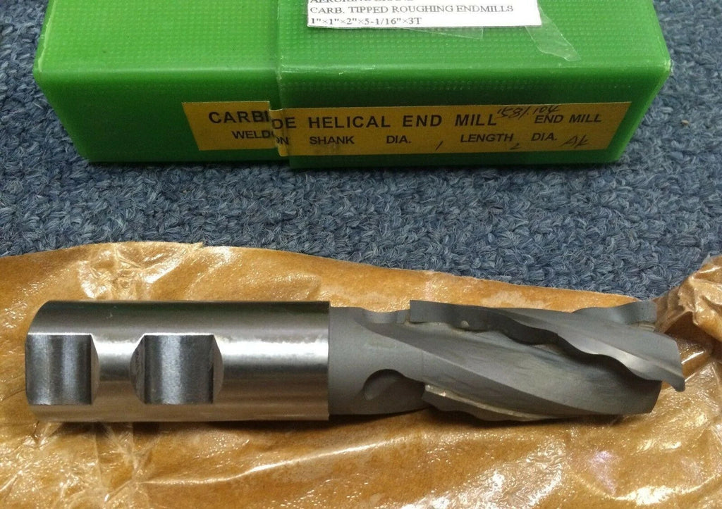 Carbide Tipped Helical End Mill 1.0" x 1.0" x 2.0" Roughing Weldon Shank 3 Flute