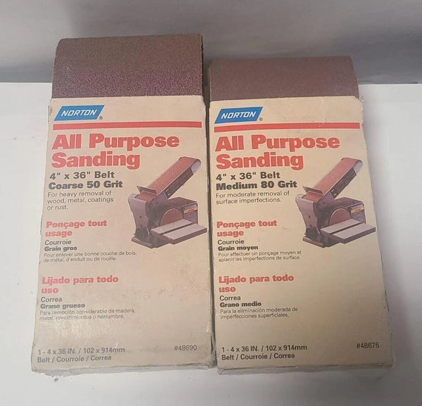 Lot of 2 NORTON Sanding Abrasive Belt 50 80 Grit 4" x 36"