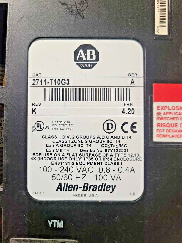 Allen Bradley 2711-T10G3 Panelview1000 REV K SER A FRN 4.20 100 - 240 VAC