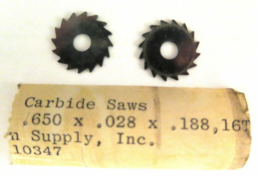 2 Solid Carbide Slotting Jeweler Blade Saws .650 x.028 x.188 Watchmaker Lathe