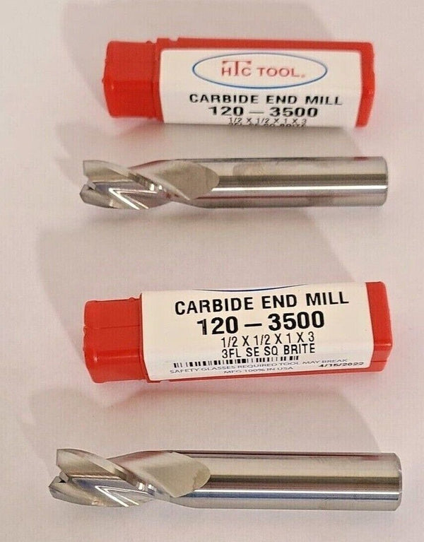 Lot of 2 Brand New HTC Solid Carbide End Mill 1/2" USA Made 3 Flute 120-3500 Free Shipping