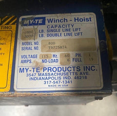 My-Te Model 800 Hoist Winch 1000Lb Single 2000LB Double Line Lift