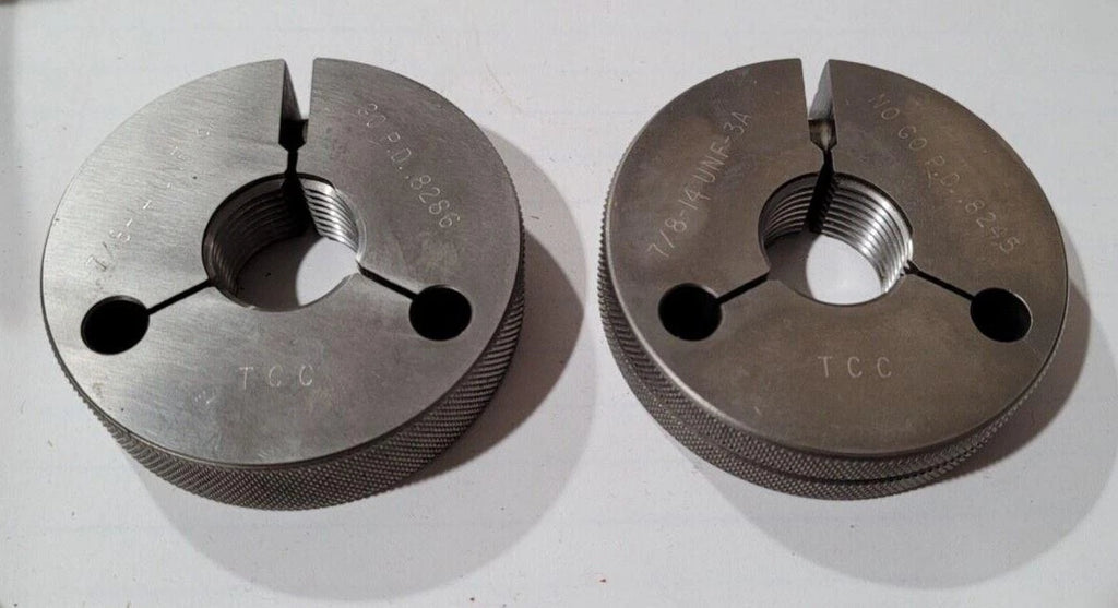 Set of 7/8-14 UNF-3A GO & NO GO Set Thread Ring Gage P.D. .8286 & .8245 Gages