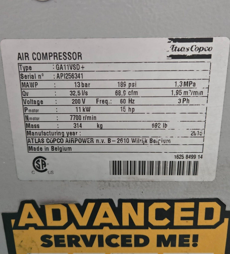 2015 Atlas Copco GA11VSD+ Rotary Screw Air Compressor 15HP With FX5 Dryer & Tank Local Pickup