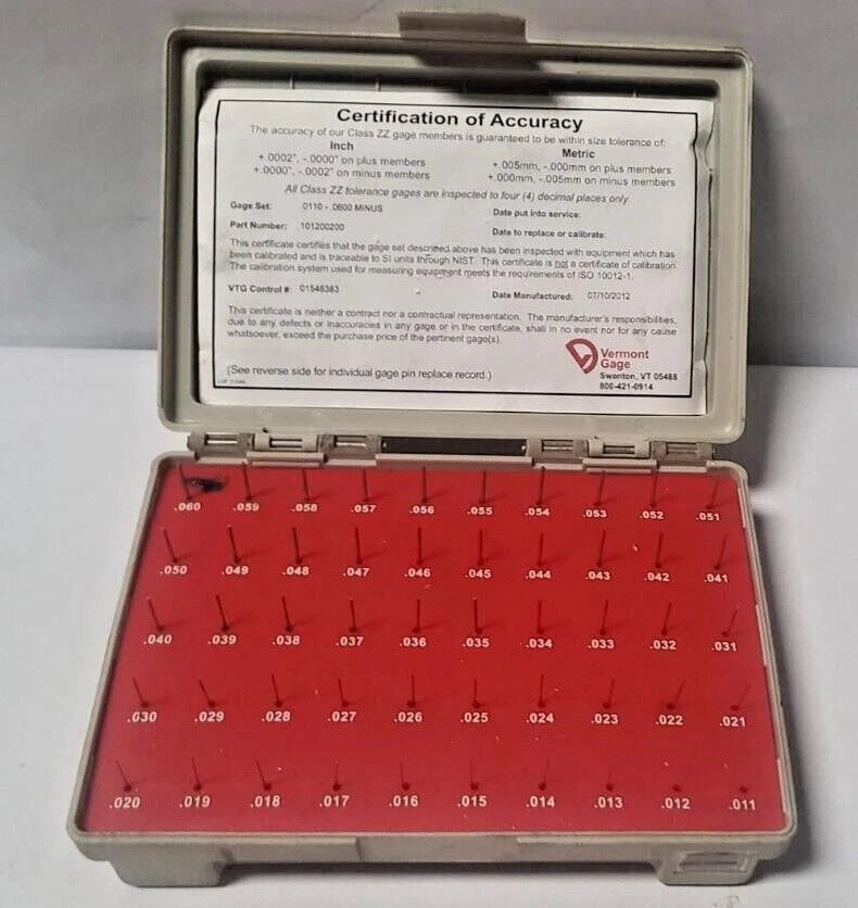VERMONT GAGE 101200200 PIN GAGE SET (-) .0110"- .0600″