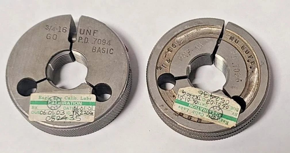 3/4 16 UNF 3A LEFT HAND THREAD RING GAGES .75 GO NO GO P.D.'S = .7094 & .7056