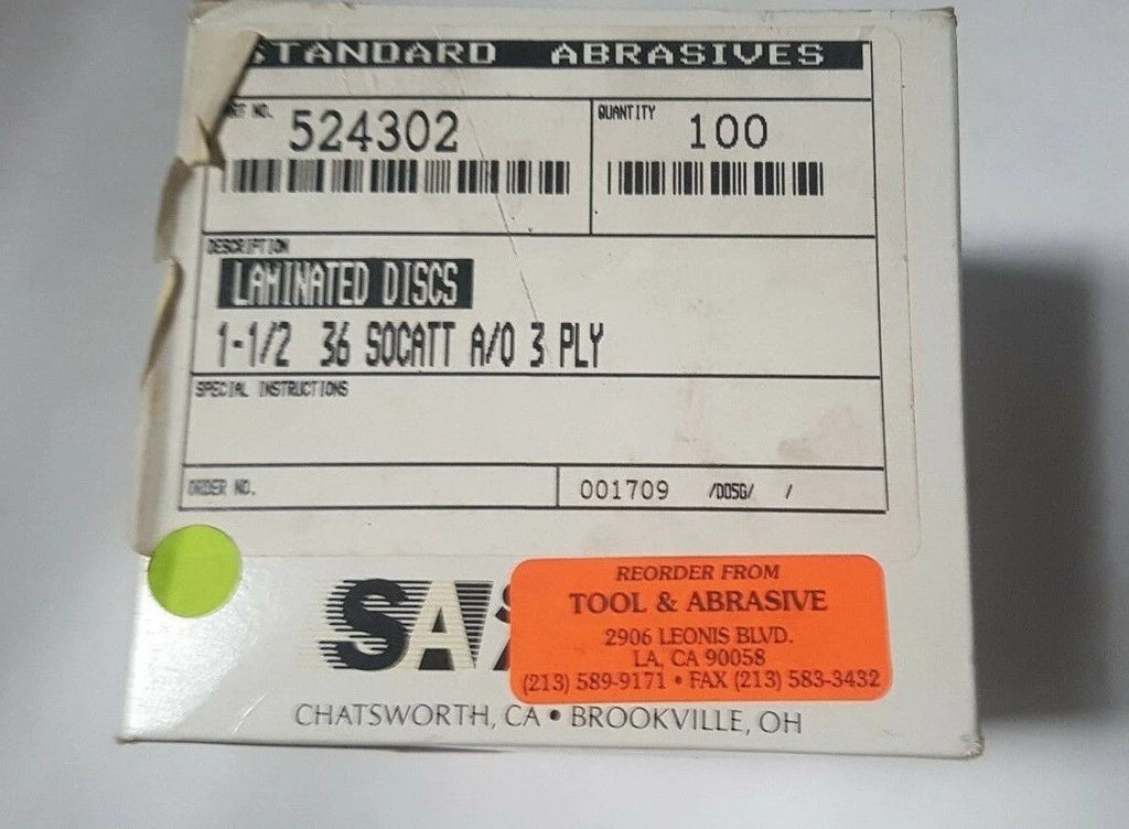100 Pcs Standard Abrasives 1-1/2 36 SOCATT Laminated Disc Scotch 524302 3 PLY