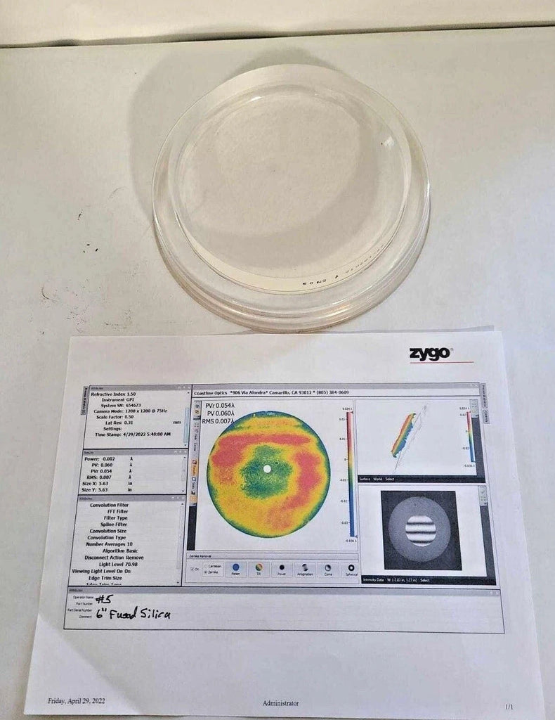 6" Optical Flat Fused Silica Accuracy 0.060 Wave Very Nice