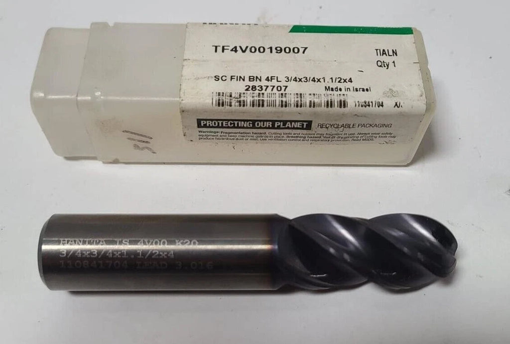 Hanita Carbide End Mill 4 Flutes 3/4 x 3/4 x 1-1/2 x 4 Sharpen Ball Nose