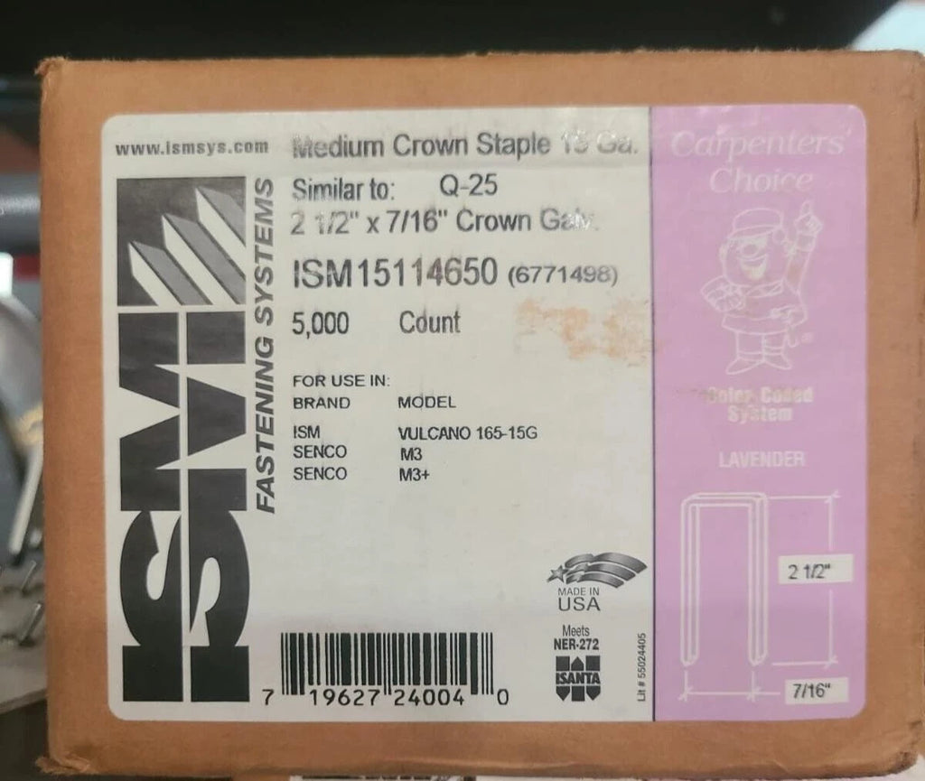 5000 Pcs ISM Senco Galvanized Medium Crown Staples 2-1/2" x 7/16” 15 GA