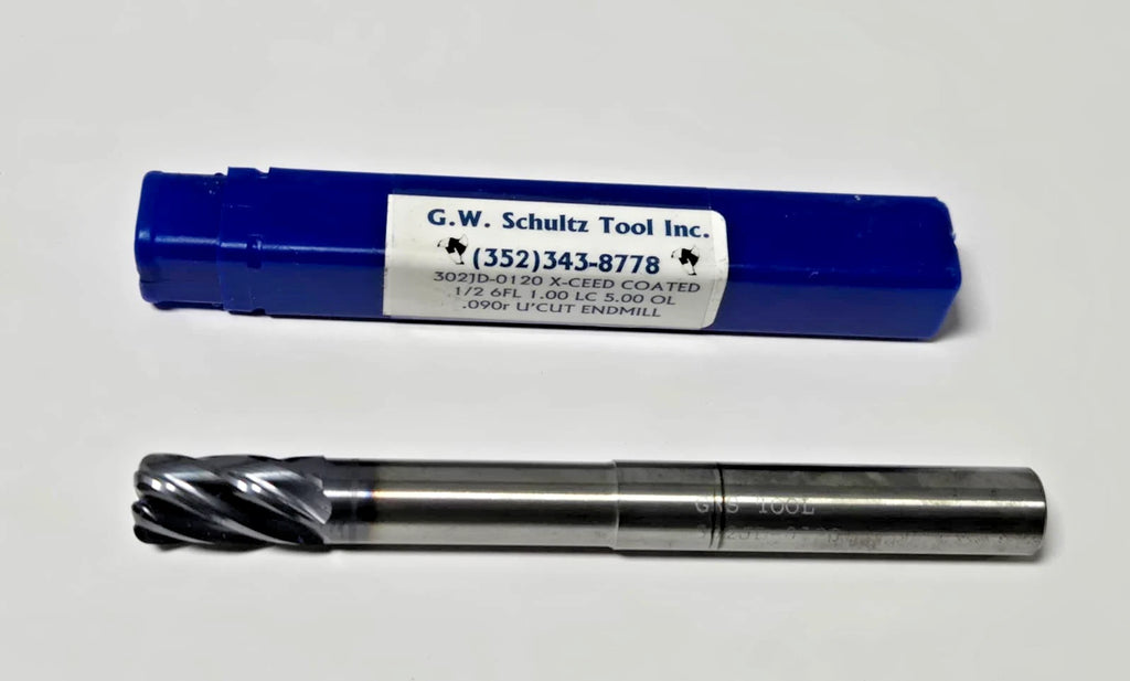 G.W. Schultz Carbide End Mill 6 Flutes 1/2 .090R U'Cut 5" OL 1 LC 302JD-0120