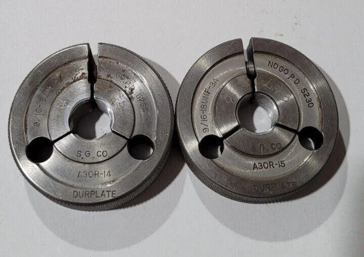 Set of 9/16-18 UNF-3A GO & NO GO Set Thread Ring Gage P.D. .5264 & .5230 Gages