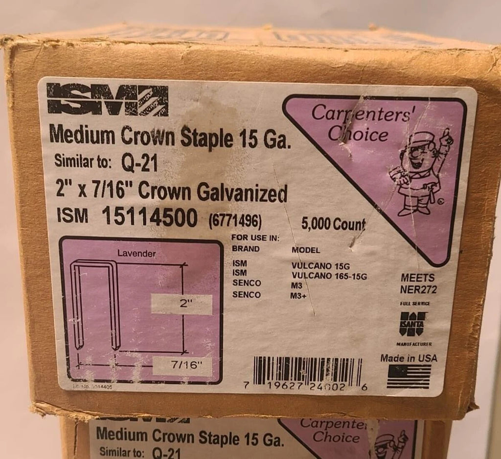 5000 Pcs ISM Senco Galvanized Medium Crown Staples 2" x 7/16” 15 GA