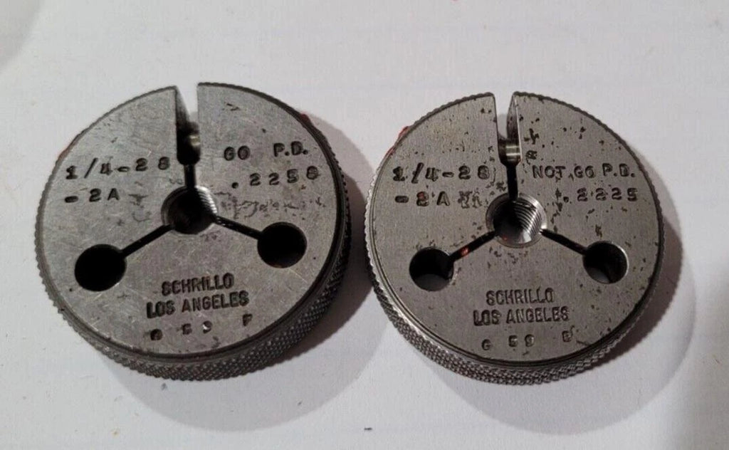 Set of 1/4-28 -2A GO and NO GO Set Thread Ring Gage P.D. .2258 and .2225 Gages