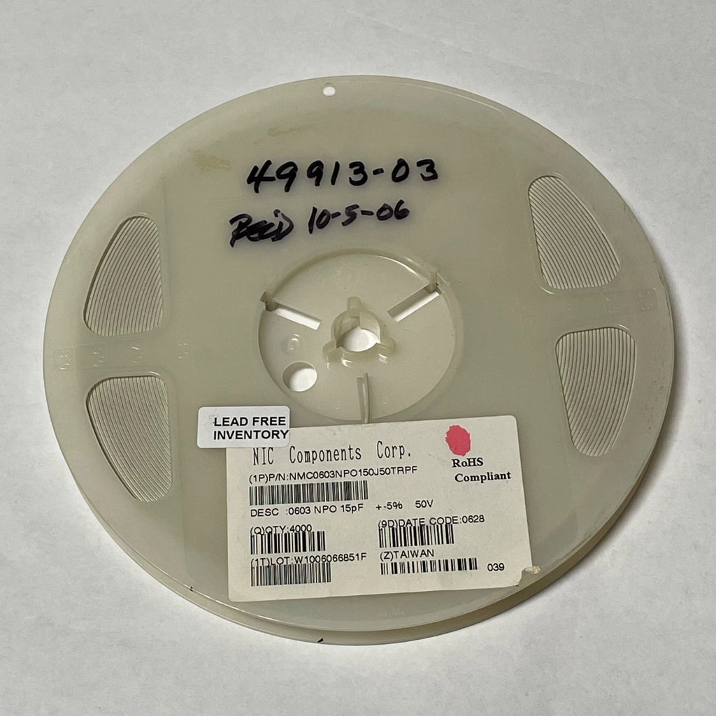 Reel of 4000 NIC COMPONENTS NMC0603NPO150J50TRPF 0603 15pF 5% 50V 49913-03