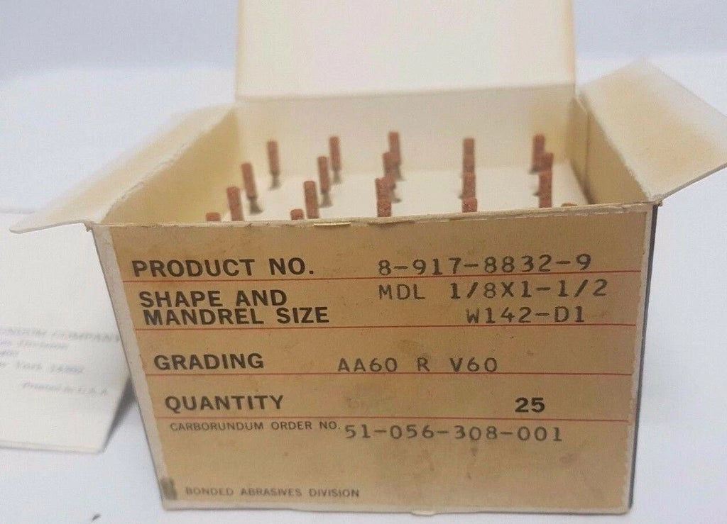 Lot of 25 New CARBORUNDUM Mounted Grinding Wheels 1/8 x 1-1/2 W142-D1 AA60 R V60