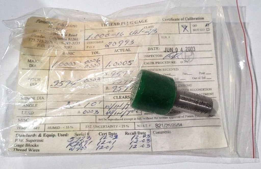 1.000-16 UN-2B GO Ponam Precision Thread Plug Gage GO P.D. .9594 Certification