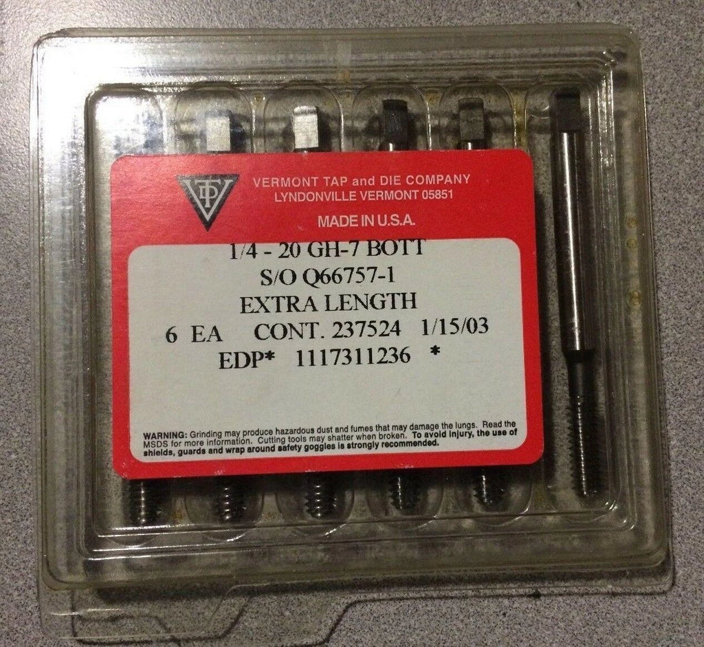Lot of 6 VERMONT Taps 1/4 - 20 Bottom GH-7 Extra Length USA Made Q66757-1 New