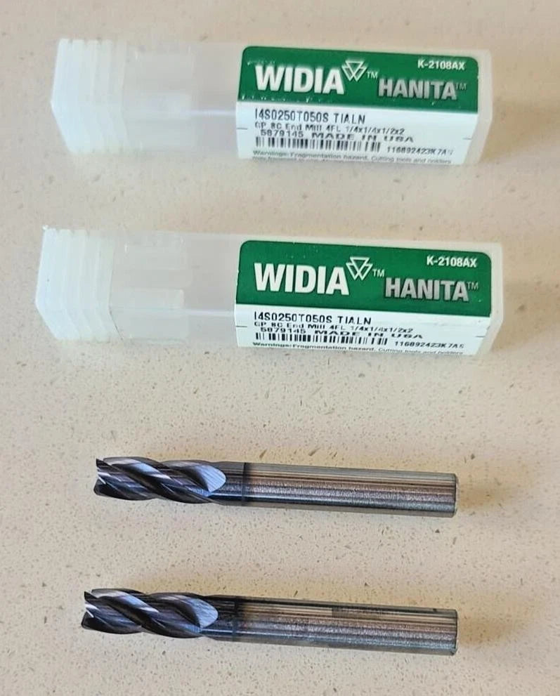 2 Brand New Widia Hanita Solid Carbide End Mill 1/4" USA Made 4 Flute Tialn