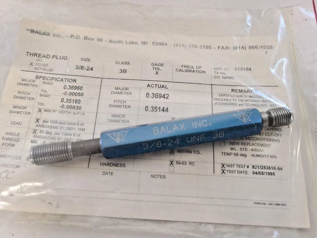 BALAX THREAD PLUG GAGE 3/8-24 GO NO GO 3B UNF 0.36960 0.35160 59 - 63 RC