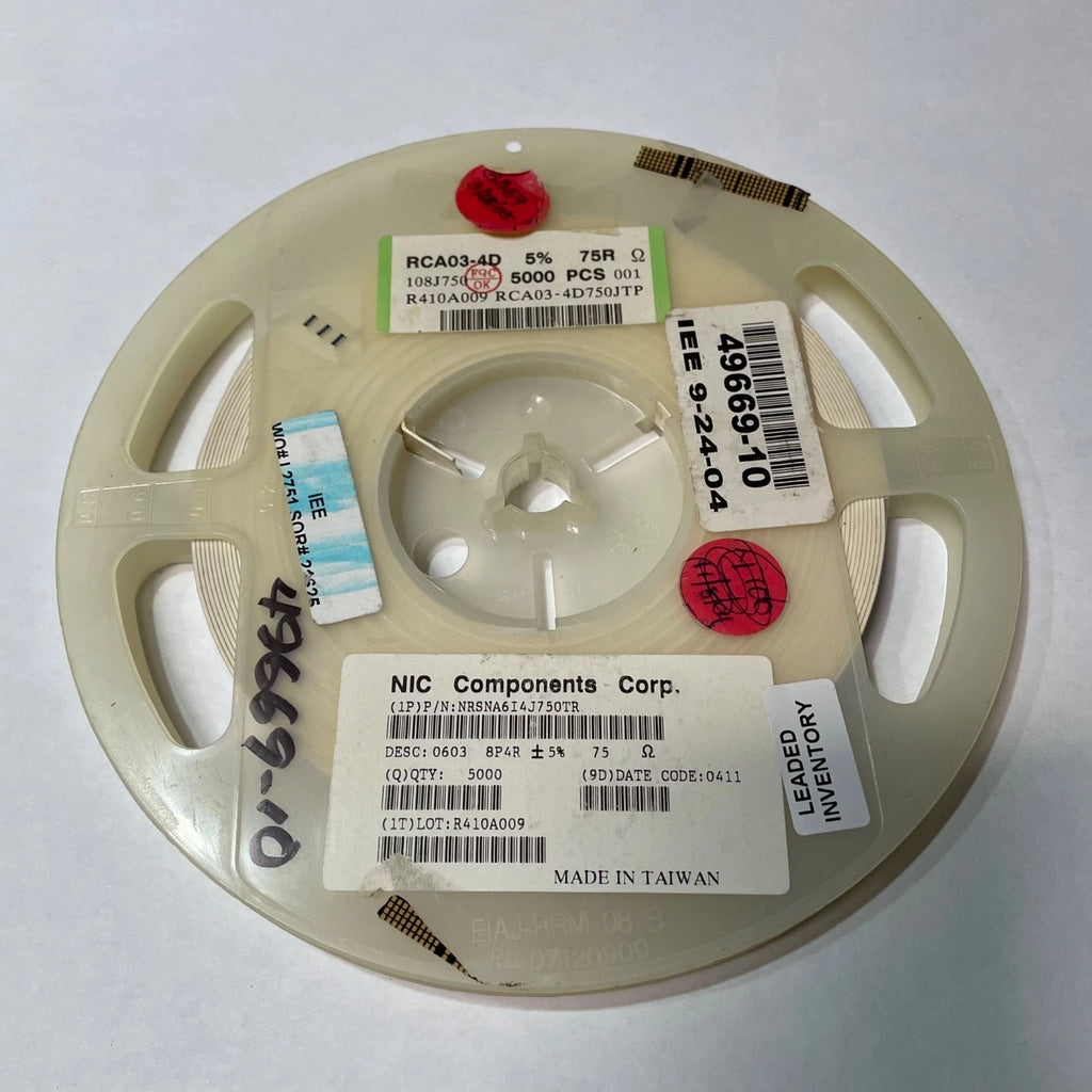 Reel of 3000 NIC COMPONENTS NRSNA6I4J750TR 0603 8P4R 5% 75 Ohm Resistor 49669-10