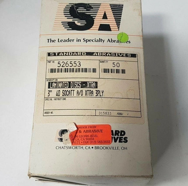 50 Pcs Standard Abrasives 40 SOCATT Laminated Disc Scotch XTRA 3" 3 PLY 526553