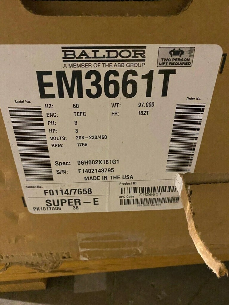 Baldor EM3661T Super E Motor 3 HP 1755RPM 208-230/460VAC Frame 182T