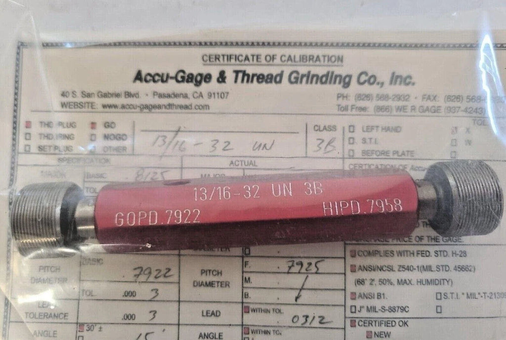 ACCU-GAGE THREAD PLUG GAGE 13/16 - 32 UN 3B GO PD .7922 NO GO .7958