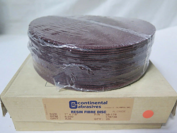 Continental Abrasives 7" x 7/8 Resin Fibre Discs 58-176 Grit A36 Qty 25 New