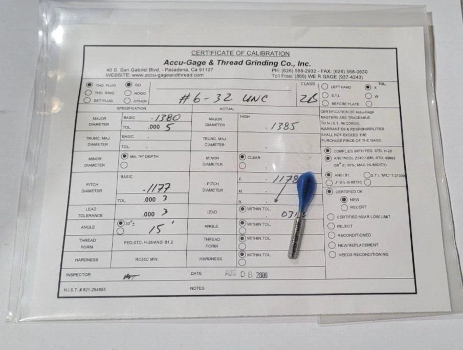 6-32 UNC 2B Thread Plug Gage GO P.D. .1177 Certification