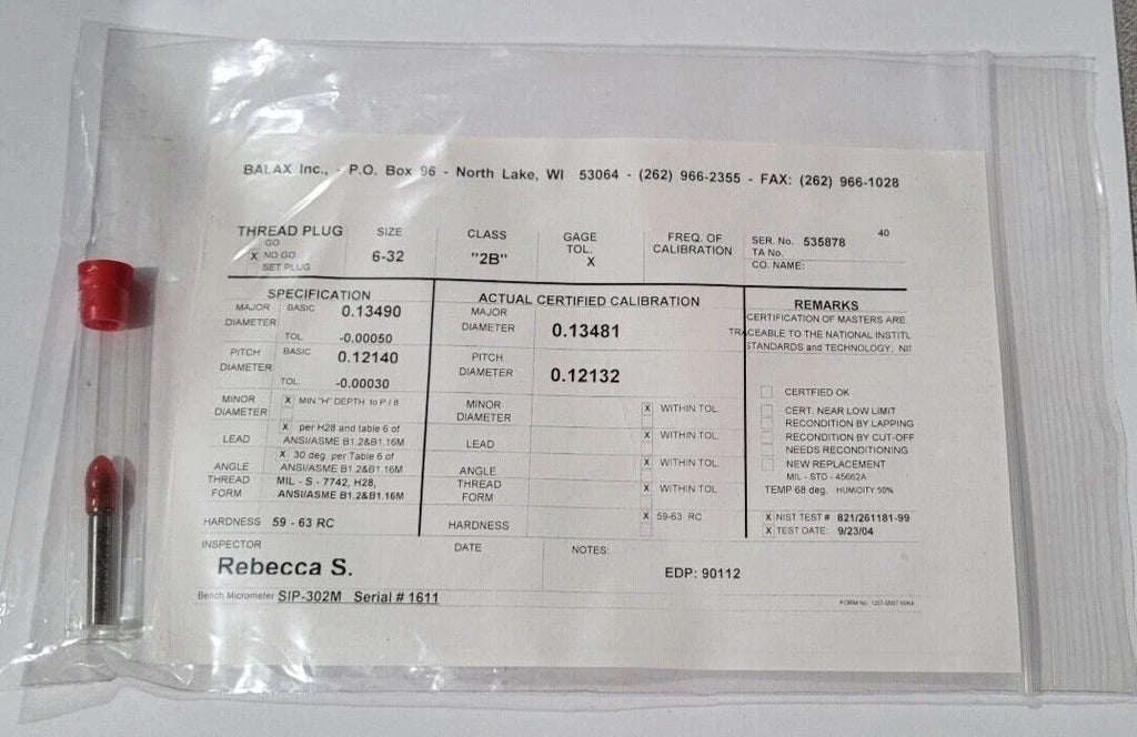 6-32 UNC 2B BALAX NO GO Thread Plug Gage NOGO P.D. .1214 Certification