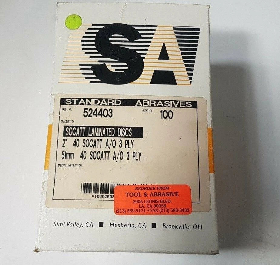 100 Pcs Standard Abrasives 40 SOCATT Laminated Discs Scotch 524403 2" A/O 3 PLY